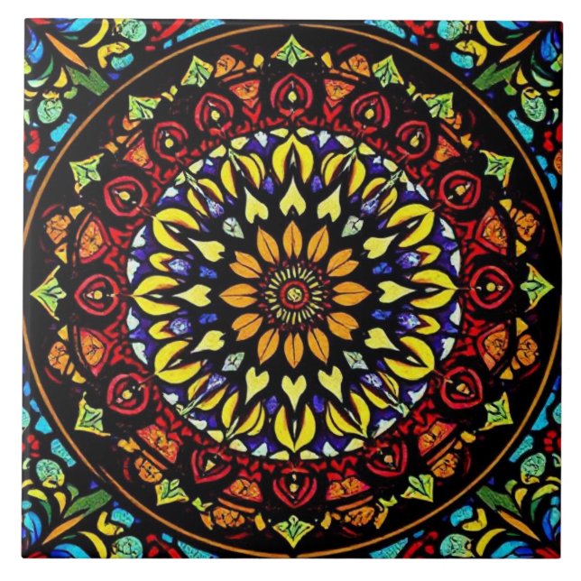 Colourful Stained Glass Floral Mandala Artwork Ceramic Tile (Front)