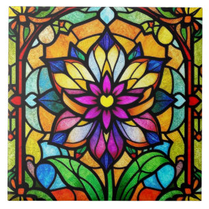 Colourful Stained Glass Flower Natured Inspired Ceramic Tile
