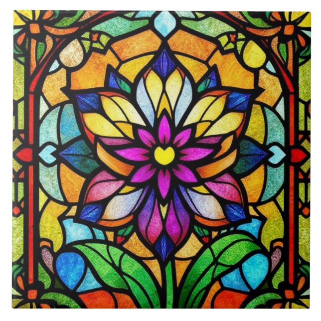 Colourful Stained Glass Flower Natured Inspired Ceramic Tile (Front)