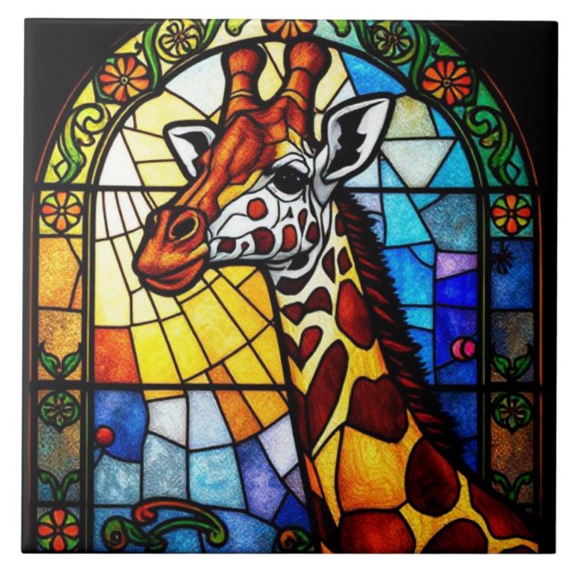 Colourful Stained Glass Giraffe Animal Artwork Ceramic Tile (Front)