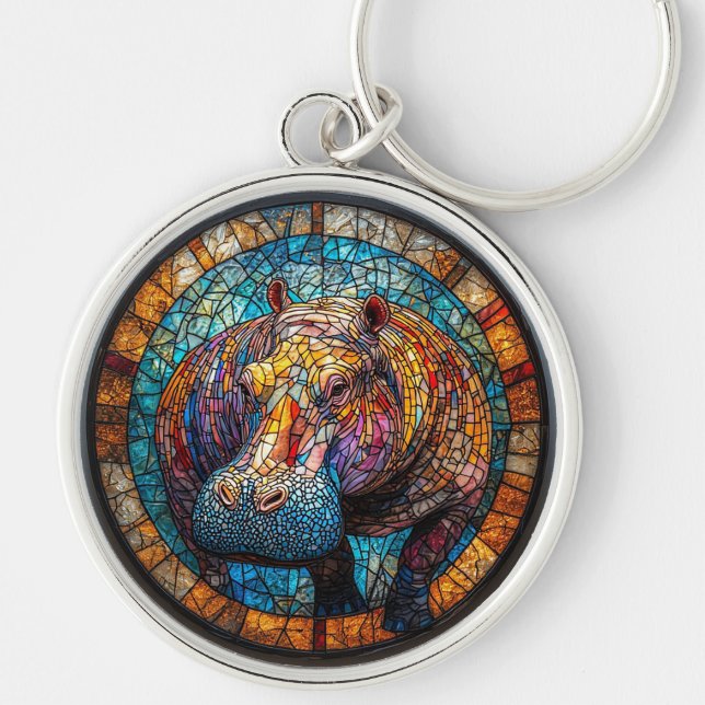 Colourful Stained Glass Hippo Key Ring (Front)