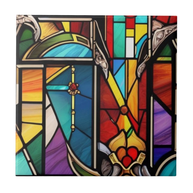 Colourful Stained Glass Inspired Pattern Ceramic Tile (Front)