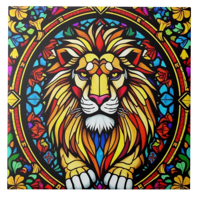 Colourful Stained Glass Lion Animal Inspired Ceramic Tile (Front)