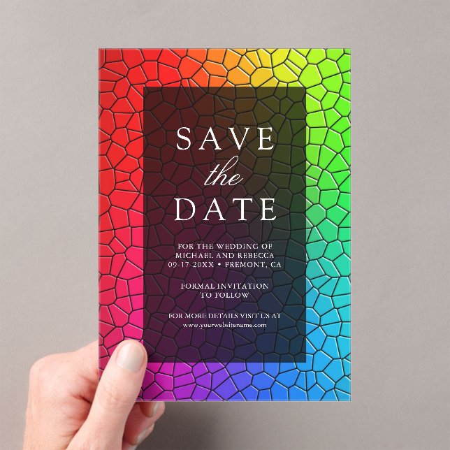 Colourful Stained Glass Look Wedding Save the Date Acrylic Invitations (Insitu (Handheld))