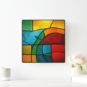 Colourful Stained Glass Mosaic Abstraction Square Wall Clock