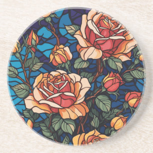 Colourful Stained Glass Roses Botanical Coaster