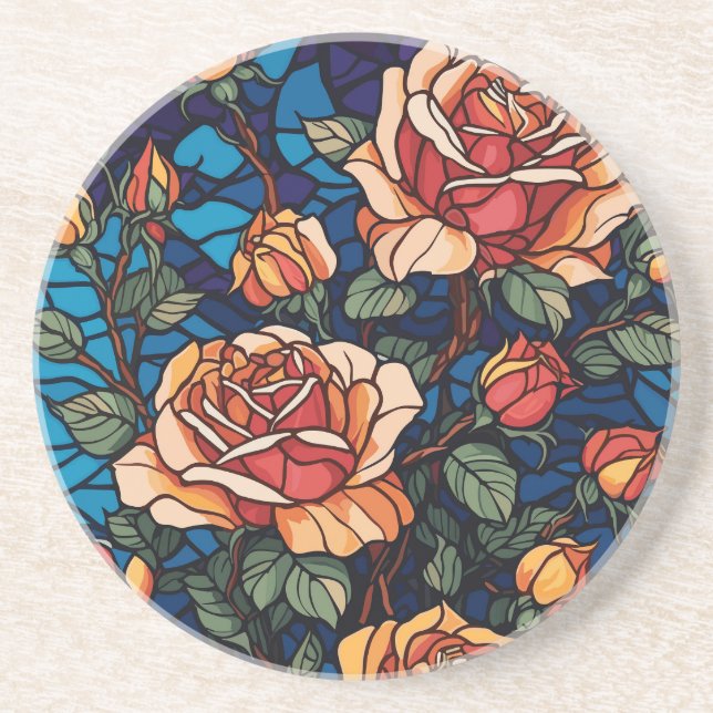 Colourful Stained Glass Roses Botanical  Coaster (Front)