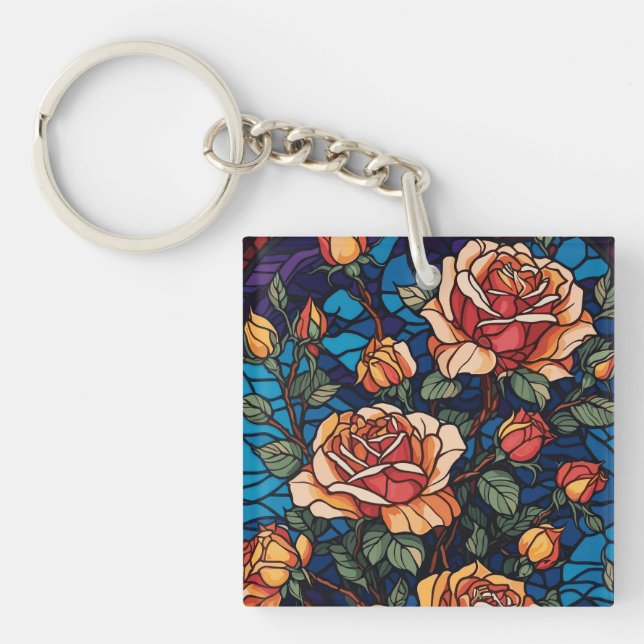 Colourful Stained Glass Roses Botanical  Key Ring (Front)