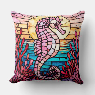 Colourful Stained Glass Seahorse with Vibrant Cora Cushion