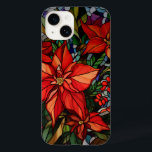 Colourful Stained Glass Style Poinsettias & Holly Case-Mate iPhone 14 Case<br><div class="desc">Lush colourful jewel-toned stained glass style deep red poinsettias and holly with hunter green and gold foliage.</div>
