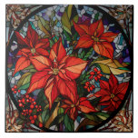 Colourful Stained Glass Style Poinsettias & Holly Ceramic Tile<br><div class="desc">Lush colourful jewel-toned stained glass style deep red poinsettias and holly with hunter green and gold foliage and circular black border.</div>