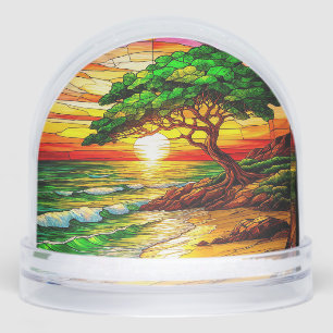 Colourful Stained Glass Sunset Over Beach Snowglobe