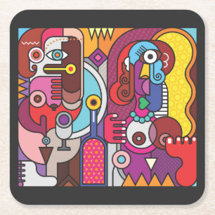Colourful Stained Glass Two Women and a Wine Bottl Square Paper Coaster