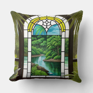 Colourful Stained Glass Window Nature Scene Cushion