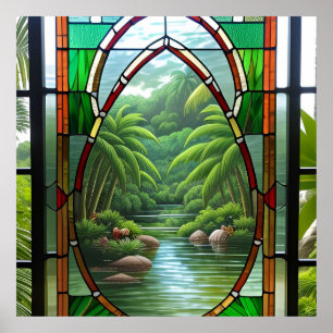 Colourful Stained Glass Window Nature Scene Poster