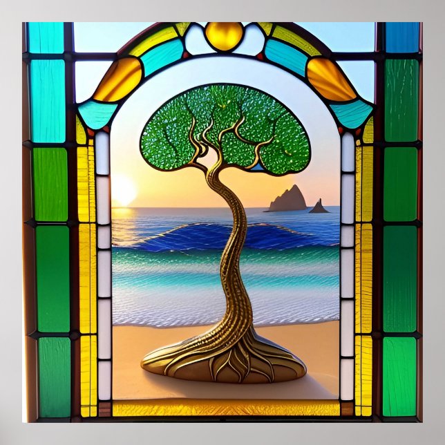 Colourful Stained Glass Window Nature Scene Poster (Front)