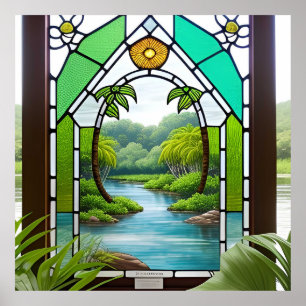Colourful Stained Glass Window Nature Scene Poster