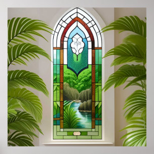 Colourful Stained Glass Window Nature Scene Poster