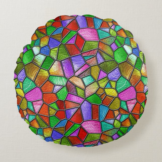 Colourful Stained Glass Window Pattern  🌈 Round Cushion (Front)