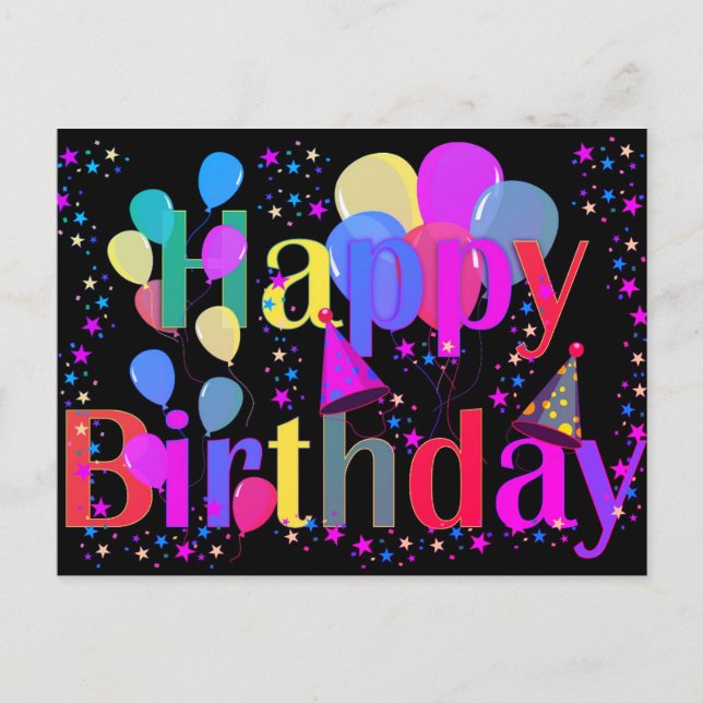 Colourful Star Confetti Happy Birthday Balloons  Postcard (Front)