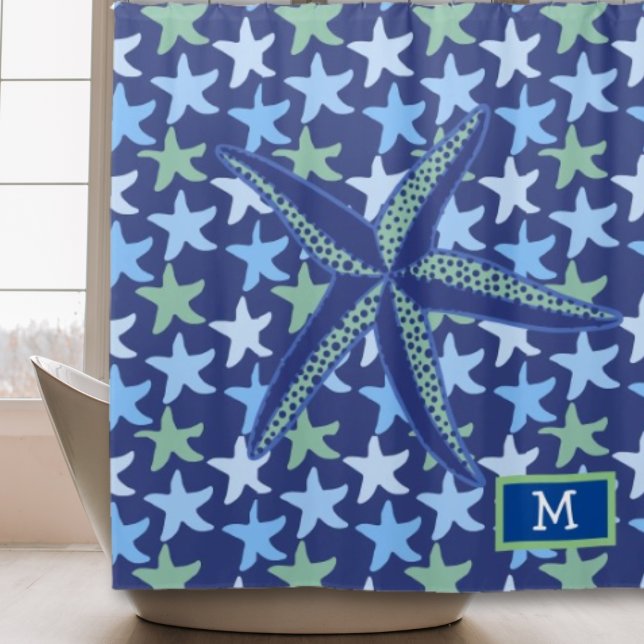 Colourful Star Fish Seamless Pattern With Monogram Shower Curtain (Creator Uploaded)