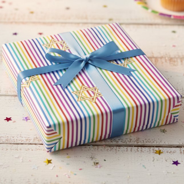 Colourful Star of David Rainbow Thin Stripes Wrapping Paper (Fun Elegant Jewish Star of David Rainbow Stripes Wrapping Paper for Birthday, Hanukkah & Bat Mitzvah)