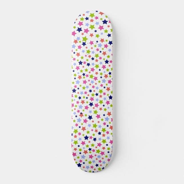 Colourful star pattern white girly skateboard (Front)