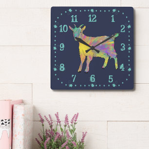 Colourful Starburst Art Goat Funny Animal design Square Wall Clock