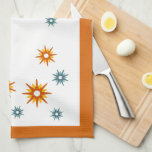 Colourful Starbursts Mid-Century Modern Design Tea Towel<br><div class="desc">Brighten up your kitchen with this stylish mid-century modern kitchen towel. This design features starbursts in shades of turquoise blue,  red- orange and yellow; framed in bright orange.</div>