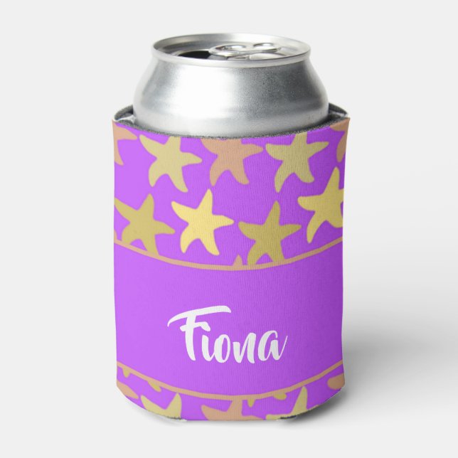 Colourful starfish on purple can cooler (Can Front)