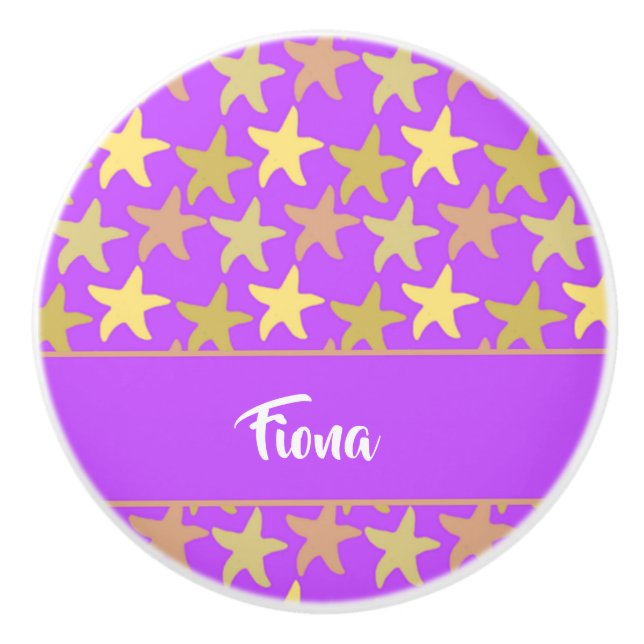 Colourful starfish on purple ceramic knob (Front)