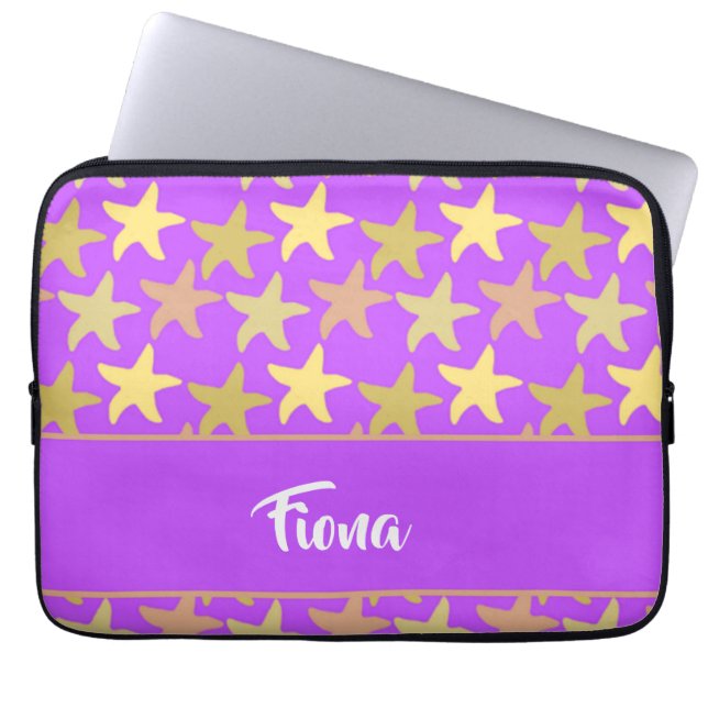 Colourful starfish on purple laptop sleeve (Front)