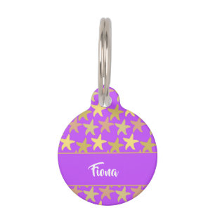 Colourful starfish on purple pet tag