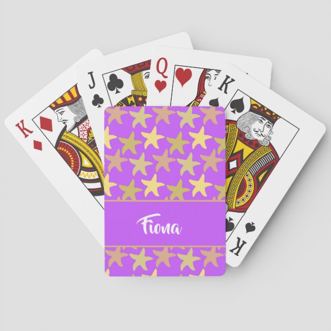 Colourful starfish on purple playing cards (Back)