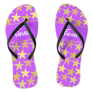 Colourful starfish on purple thongs