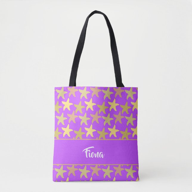 Colourful starfish on purple tote bag (Front)