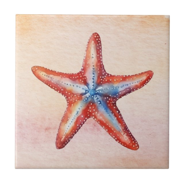 Colourful starfish watercolor artwork Pink Blue Ceramic Tile (Front)