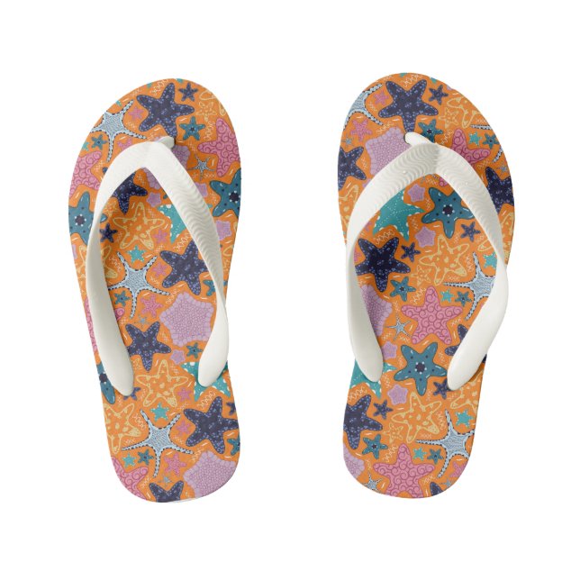 Colourful Starfishes with orange colour background Kid's Thongs (Footbed)