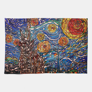 Colourful Starry Night Illustration Kitchen Towel