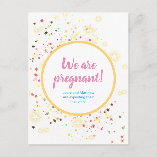 Colourful Stars and Confetti Pregnancy Announcemen Announcement Postcard (Front)