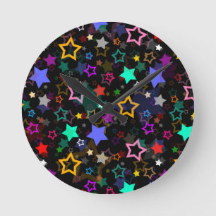 Colourful Stars Black  Round Clock