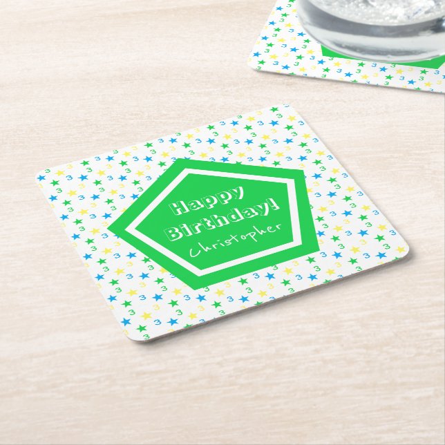 Colourful Stars Boys 3rd Birthday Square Paper Coaster (Angled)