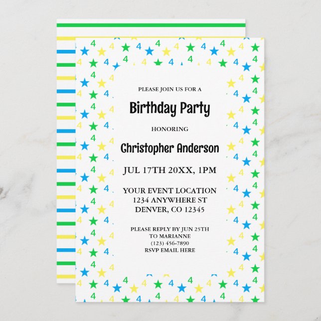 Colourful Stars Boys 4th Birthday Invitation (Front/Back)