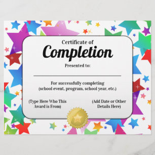 Colourful Stars Certificate of Completion 8.5x11