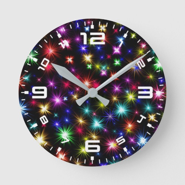 Colourful Stars Fireworks Design Round Clock (Front)