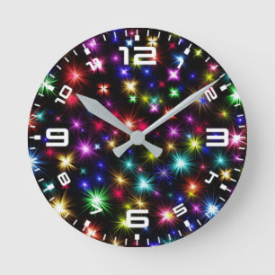 Colourful Stars Fireworks Design Round Clock