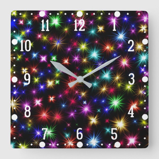 Colourful Stars Fireworks Design Square Wall Clock (Front)