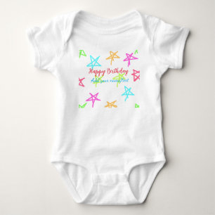 Colourful stars happy birthday add name text simpl baby bodysuit