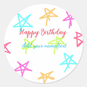 Colourful stars happy birthday add name text simpl classic round sticker