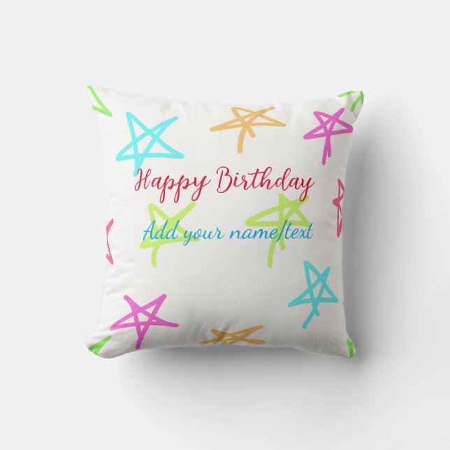 Colourful stars happy birthday add name text simpl cushion (Front)